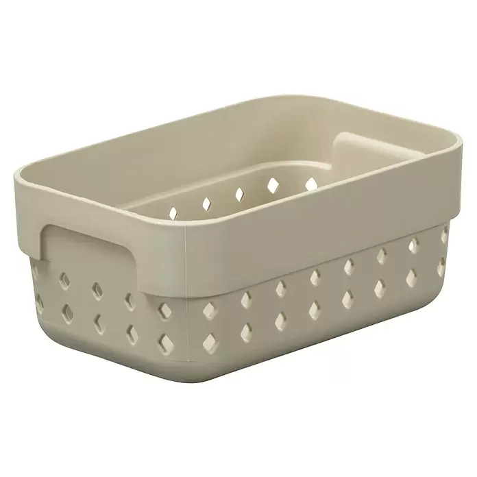 Organizer Seoul - L x B x H: 11,8 x 7,8 x 5 cm, Beige - Hellbeige, rechteckige Kunststoff-Aufbewahrungsbox mit Rautenperforationen und interner Trennwand.