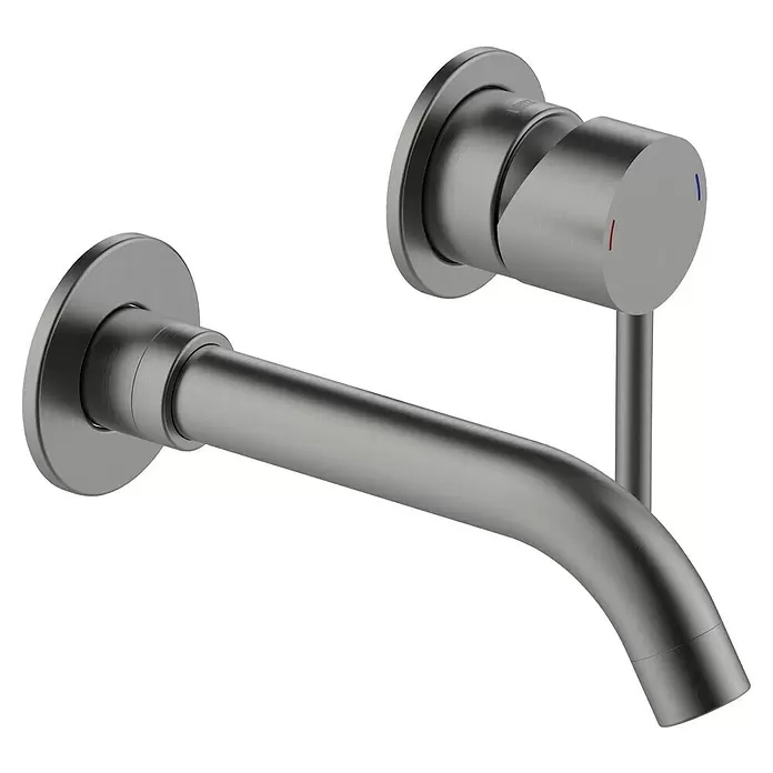 Lenz Waschtischarmatur Bow - Graphit, Matt, Ausladung Armatur: 225 mm - Wandmontierte Armatur aus gebürstetem Metall mit separatem Hebelgriff, mit roten und blauen Temperaturanzeigen.