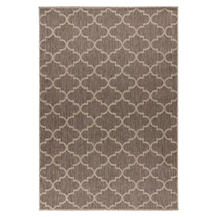 Outdoor-Teppich Casa - Taupe, 150 x 80 cm, 100 % Polypropylen - Ein Teppich mit einem sich wiederholenden marokkanischen Muster in Braun- und Beigetönen, ideal für den Innen- und Außenbereich.