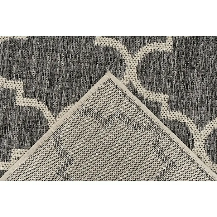 Outdoor-Teppich Casa - Silber, 150 x 80 cm, 100 % Polypropylen - Nahaufnahme eines grauen Teppichs mit geometrischem Muster, der eine elegante und moderne Note verleiht.