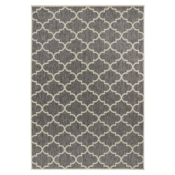 Outdoor-Teppich Casa - Silber, 150 x 80 cm, 100 % Polypropylen - Grauer Teppich mit einem weißen, sich wiederholenden, marokkanisch inspirierten Muster für ein stilvolles Ambiente in jedem Raum.