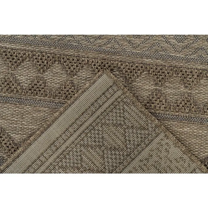 Outdoor-Teppich Costa 302 - 150 x 80 cm, Nature - Detailaufnahme eines braunen Outdoor-Teppichs mit geometrischen Mustern und gewebter Textur für den Außenbereich.