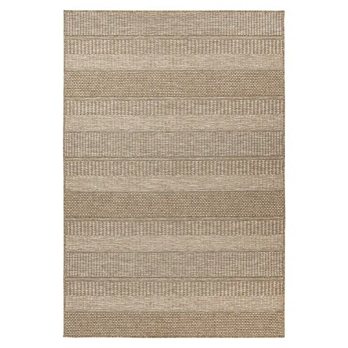 Outdoor-Teppich Costa 303 - Nature, 230 x 160 cm - Detailaufnahme einer Rollgardine mit horizontalen Streifen in verschiedenen Webmustern und Brauntönen. Die Textur verleiht dem Raum Wärme und Eleganz.