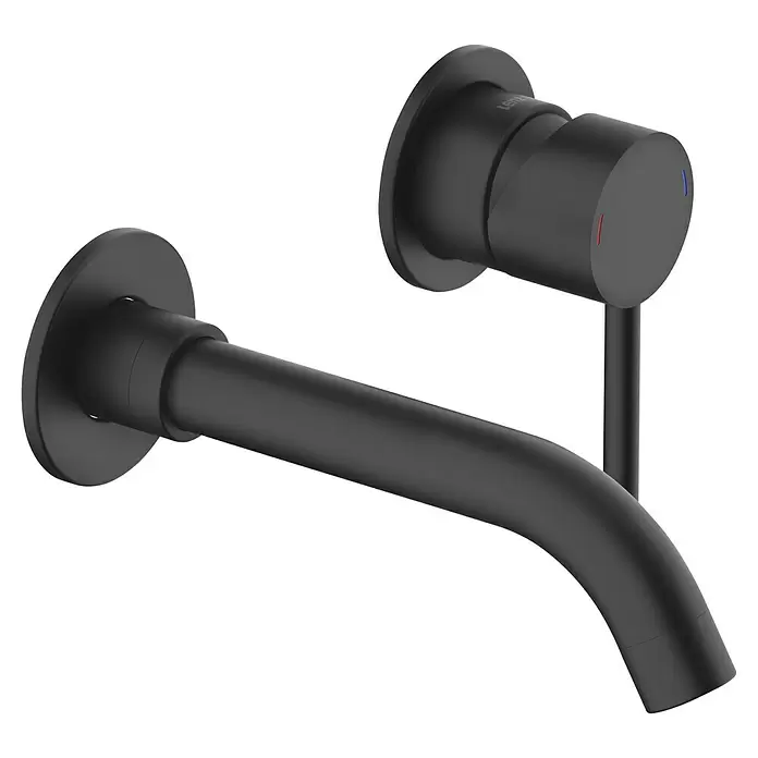 Lenz Waschtischarmatur Bow - Schwarz, Matt, Ausladung Armatur: 225 mm - Mattschwarze wandmontierte Armatur mit separatem Griff und roten und blauen Temperaturanzeigen.