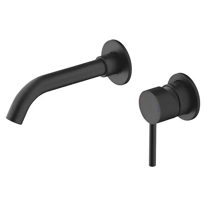 Lenz Waschtischarmatur Bow - Schwarz, Matt, Ausladung Armatur: 225 mm - Mattes, schwarzes Wandarmatur-Set mit gebogenem Auslauf und zylindrischem Griff mit Warm- und Kaltwasseranzeigen.