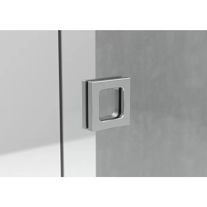 Entravia Griffmuschel - Silber, Eckig - Einzugsmuschelgriff aus gebürstetem Metall an einer Glastür.