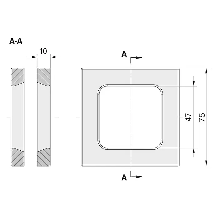 Entravia Griffmuschel - Schwarz, Eckig - Technische Zeichnung eines quadratischen Bauteils mit abgerundeter quadratischer Öffnung. Außenmaß 75, Innenmaß 47, Dicke 10.