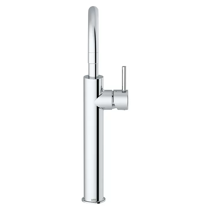 Lenz Waschtischarmatur Bow 2 - Chrom, Glänzend - Glänzender, verchromter Wasserhahn mit hohem zylindrischem Körper und seitlichem Hebel. Marke Lenz.