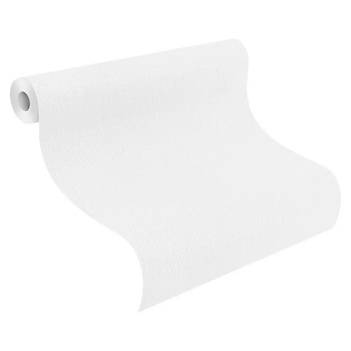 Rasch Vliestapete Feel Good - Weiß, Uni, 10,05 x 0,53 m, Feine Struktur - Nahaufnahme einer Rolle weißer, strukturierter Tapete. Ideal für die Wandgestaltung und Renovierung im Innenbereich.