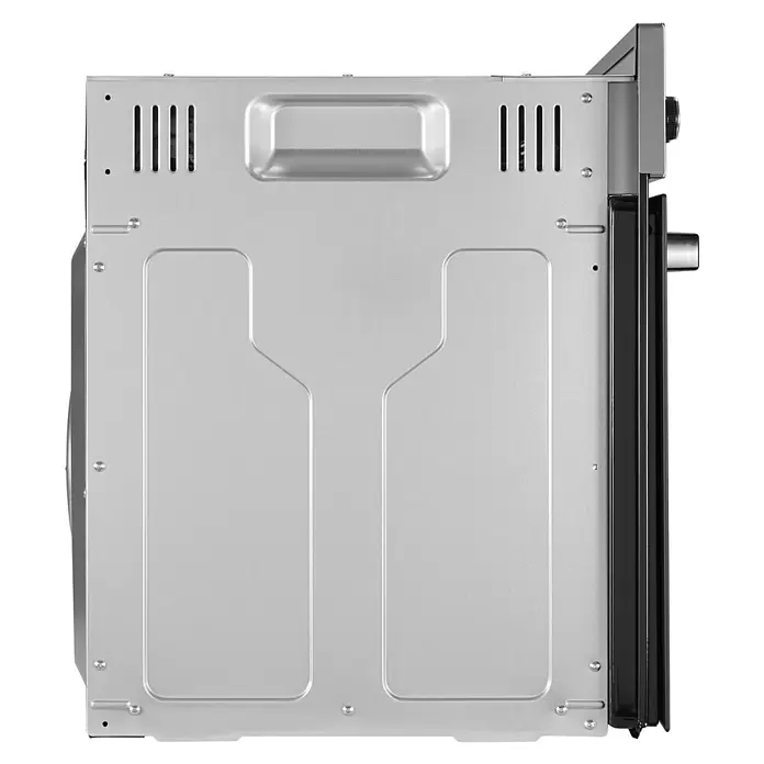 PKM Einbauherd-Set BIC3-I GK IX-2 - Anzahl Beheizungsarten: 3 Stk., Edelstahl / Schwarz, Material Kochfeld: Glaskeramik - Seitenansicht eines silbergrauen Metallofens oder einer Mikrowelle mit Lüftungsschlitzen und Drehknopf.