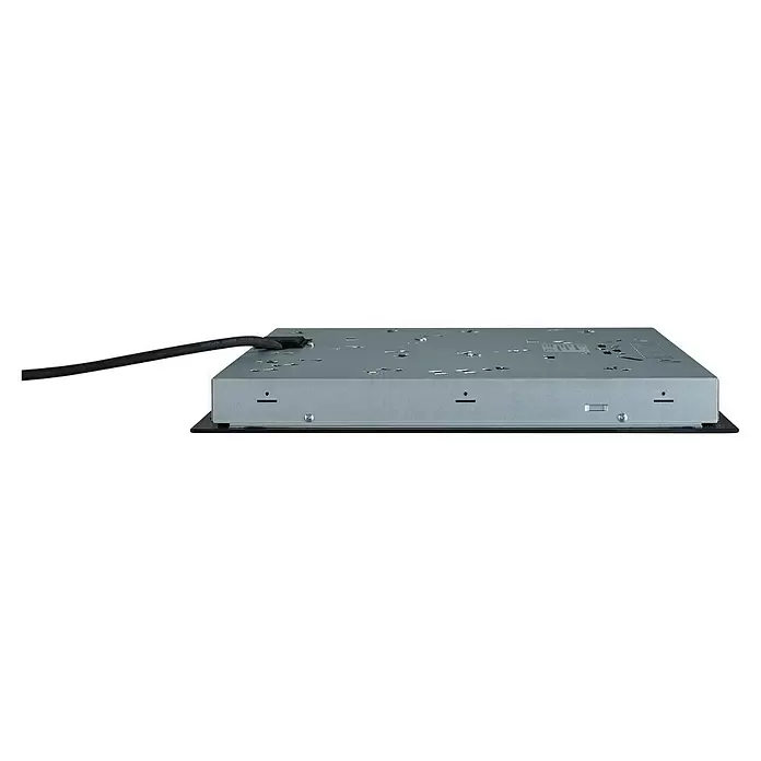 PKM Kochfeld KF4 G - Anzahl Normalkochstellen: 4 Stk. - Unterseite eines grauen Induktionskochfelds aus Metall mit schwarzem Netzkabel, Belüftung und Installationsmerkmalen.