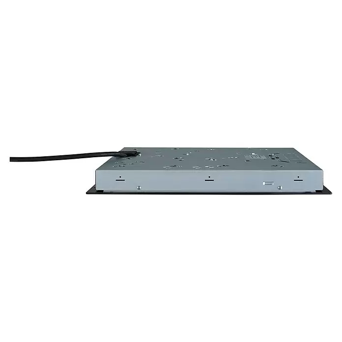 PKM Kochfeld KF4-2KB G - L x B x H: 52 x 59 x 5 cm, Anzahl Normalkochstellen: 4 Stk. - Unterseite eines grauen Induktionskochfelds mit Stromkabel, Befestigungselementen und Lüftungsschlitzen.
