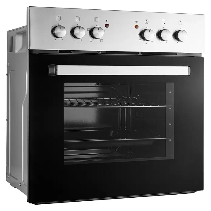 PKM Einbauherd-Set BIC3-I GK IX-2 - Anzahl Beheizungsarten: 3 Stk., Edelstahl / Schwarz, Material Kochfeld: Glaskeramik - Edelstahl-Einbaubackofen mit schwarzer Glastür und silbernen Bedienknöpfen.