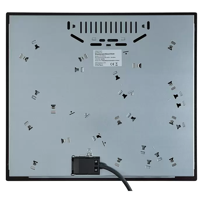 PKM Kochfeld KF4-2KB G - L x B x H: 52 x 59 x 5 cm, Anzahl Normalkochstellen: 4 Stk. - Unterseite eines schwarz-silbernen Cerankochfelds mit sichtbaren elektrischen Anschlüssen und Produktetikett.