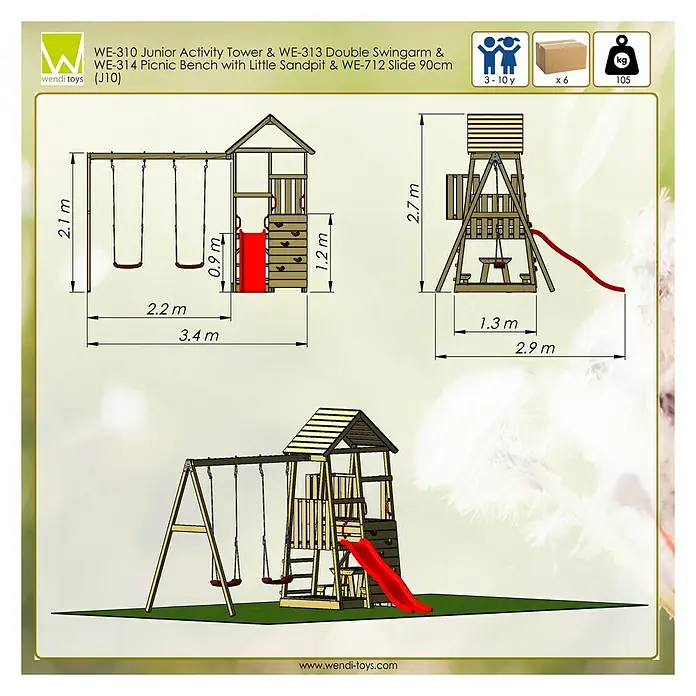 Wendi Toys Kinderspielturm Flamingo - Natur/Rot - Abbildung eines WE-310 Junior Aktivitätsturms mit Doppelschaukel WE-313, Picknickbank WE-314, Sandkasten und Rutsche WE-712, 90cm.