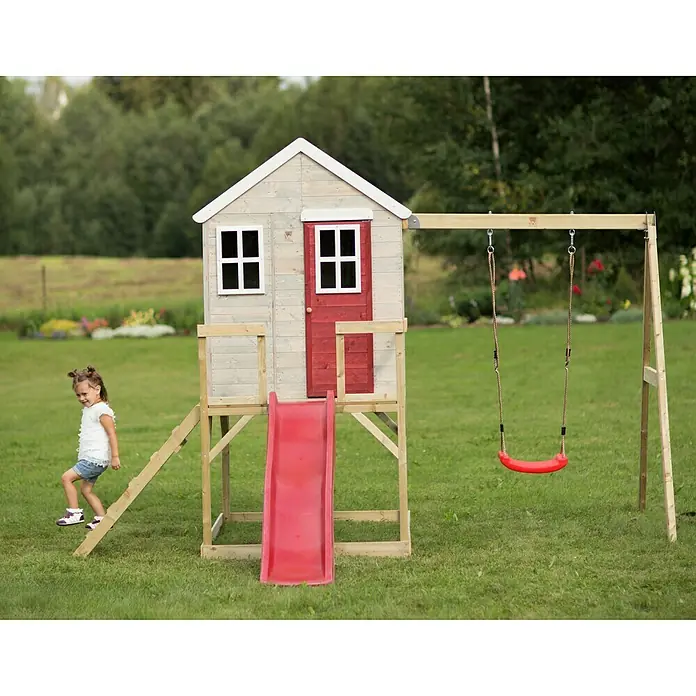 Wendi Toys Spielhaus Elefant - Glas, Natur/Rot - Kinderspielhaus mit Rutsche und Schaukel für fantasievolle Outdoor-Abenteuer im Garten.