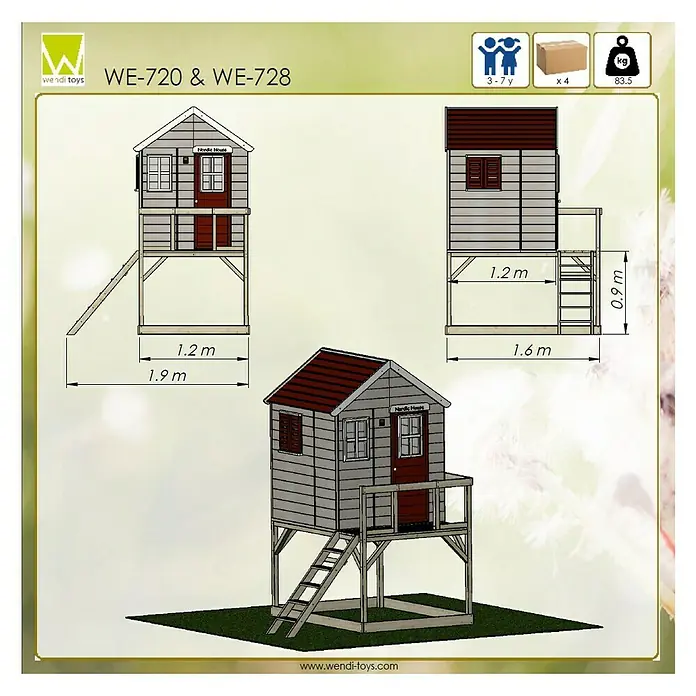 Wendi Toys Spielhaus Storch - Glas, Natur/Rot - Abbildung eines Wendi Toys Spielhauses, Modell WE-720 & WE-728, mit Abmessungen und Gewichtsangabe, geeignet für Kinder von 3-7 Jahren.