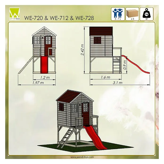 Wendi Toys Spielhaus Tiger - Glas, Natur/Rot - Abbildung eines Spielhauses WE-720 & WE-712 & WE-728 von Wendi Toys mit den Maßen 2,42 m Höhe, 3,1 m Länge und 1,97 m Breite.