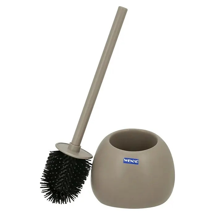 Wenko WC-Bürstengarnitur Posina - Silikon, Taupe - Eine WC-Bürste von Wenko mit einem Behälter, der einen sicheren und stilvollen Aufbewahrungsort bietet.