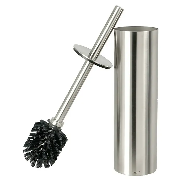Zack WC-Bürstengarnitur Tubo - Edelstahl, Matt - Eine Toilettenbürste aus Edelstahl mit schwarzem Bürstenkopf und passendem Halter, die eine hygienische Badlösung bietet.