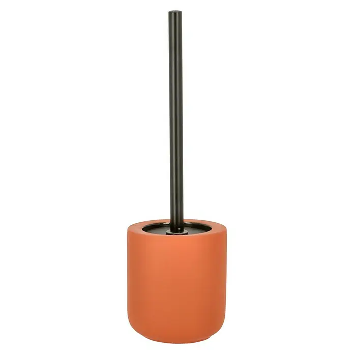 Wenko WC-Bürstengarnitur Avellino - Keramik, Terracotta - Ein orangefarbener Toilettenbürstenhalter mit einem schlanken, schwarzen Griff, der Badezimmerstil und Hygiene vereint.
