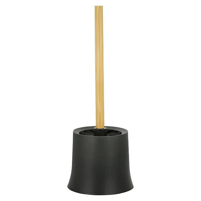 Wenko Bambusa WC-BürstengarniturBambus, Schwarz/Bambus - Eine Toilettenbürste mit schwarzem Halter und hellem Holzgriff, ein praktisches Badaccessoire für die Reinigung.