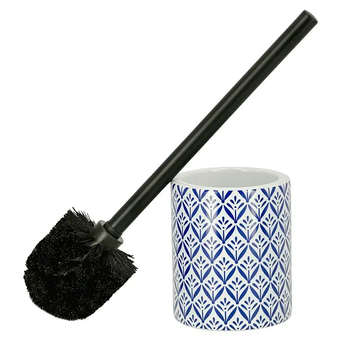 Wenko WC-Bürstengarnitur Lorca - Keramik, Blau/ Weiß - Eine Toilettenbürste mit einem blauen und weißen Keramikhalter für Badezimmerreinigung und -hygiene.