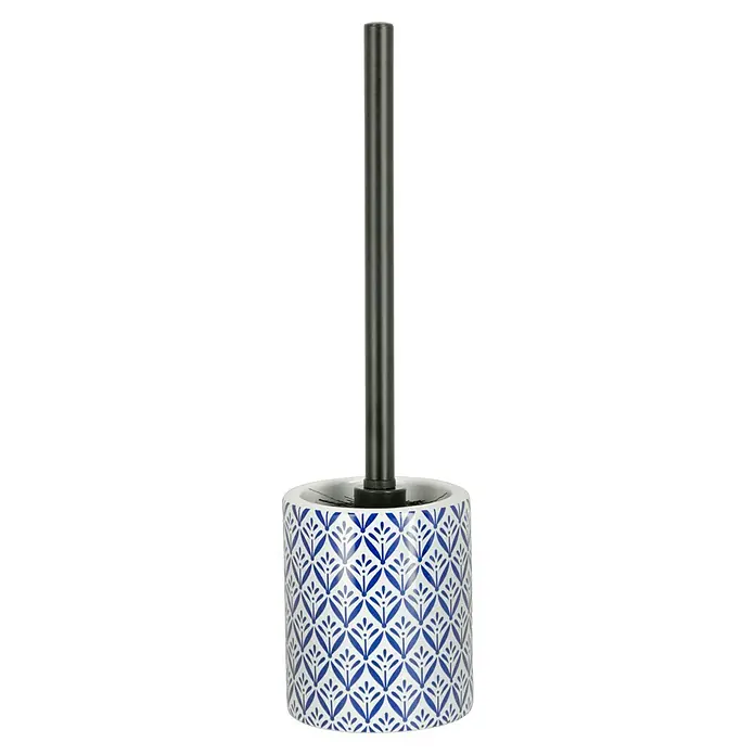 Wenko WC-Bürstengarnitur Lorca - Keramik, Blau/ Weiß - WC-Garnitur mit einem eleganten, blau-weißen Keramikbehälter und einem schwarzen Griff, der Funktionalität und stilvolles Design vereint.