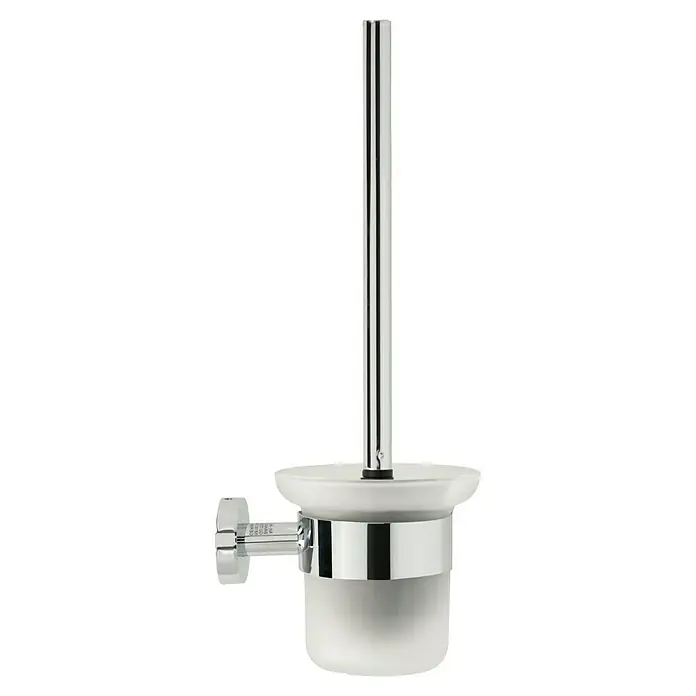Camargue Monaco WC-Bürstengarnitur - Edelstahl, Verchromt - Nahaufnahme einer Toilettenbürste mit Halterung. Das WC-Bürstenset besteht aus weißem Glas und glänzendem Chrom.