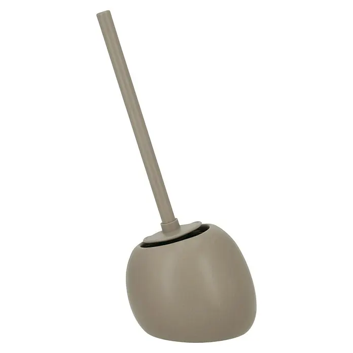 Wenko WC-Bürstengarnitur Posina - Silikon, Taupe - Ein beiger WC-Bürstenhalter mit einer runden Basis und einem langen Griff, der sich durch sein schlichtes und modernes Design auszeichnet.