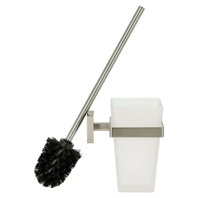 Tesa Exxclusiv WC-Bürstengarnitur - Mit Halterung, Satiniert/Chrom, Glänzend - Eine Toilettenbürste mit Halterung. Die Bürste ist schwarz und der Halter ist aus Metall und Glas.
