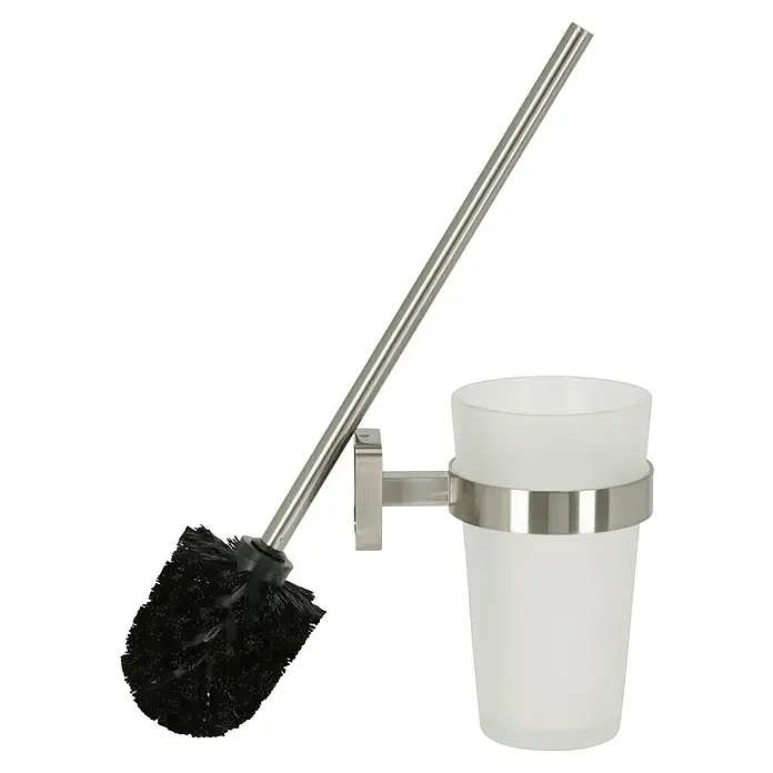 Tesa Esteetic WC-Bürstengarnitur - Mit Halterung, Glas, Verchromt - Eine Toilettenbürste mit Halterung. Die Bürste hat einen Metallstiel und schwarze Borsten. Der Halter ist aus Metall und Glas.