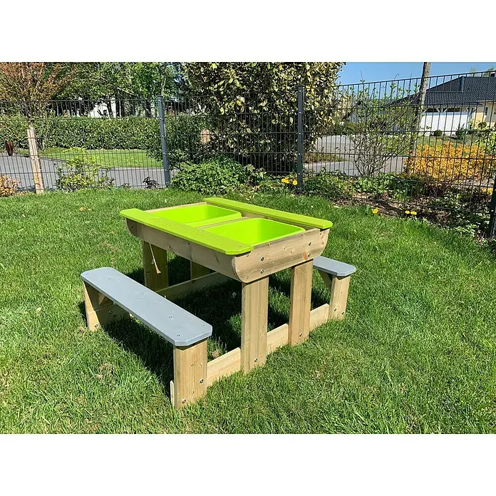 Wendi Toys Kinder-Picknicktisch - L x B x H: 80 x 100 x 53 cm, Holz - Der Kindersitz-Picknicktisch mit Sand- und Wasserspieltisch bietet einen vielseitigen Spielbereich im Freien mit Bänken und leuchtend grünen Behältern.