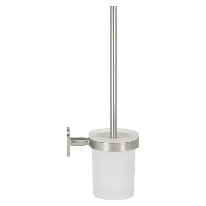 Lenz WC-Bürstengarnitur Noa - Metall, Nickel, B x H: 9,4 x 35 cm - Eine Toilettenbürste mit Halterung, bestehend aus einem satinierten Glasbehälter und einem schlanken, silbernen Griff. Perfekt für jedes moderne Badezimmer.
