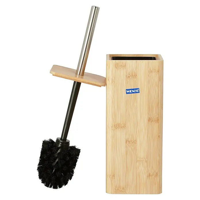 Wenko Bambusa WC-BürstengarniturBambus, Edelstahl/Bambus - Bürstengarnitur mit einem Halter aus Bambus und einer Toilettenbürste mit schwarzem Bürstenkopf und silbernem Griff.