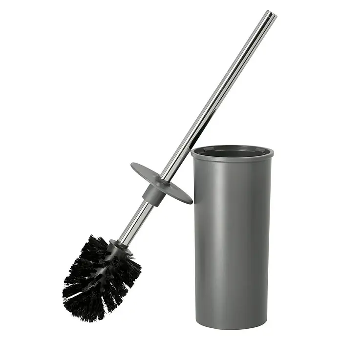 Keuco Collection Moll WC-Bürstengarnitur - Grau, Kunststoff - Eine Toilettenbürste mit Halter in Silber und Grau. Das Set besteht aus einer Bürste mit langem Griff und einem Behälter.