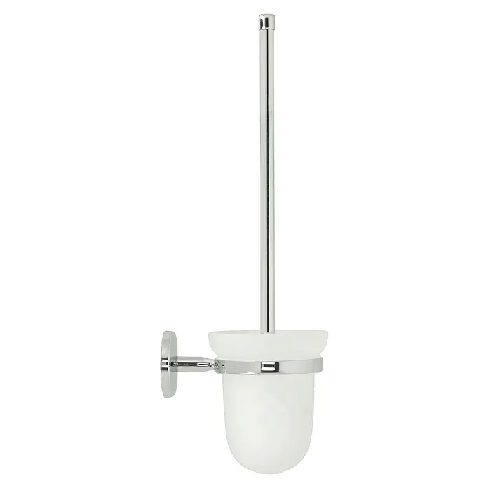 Lenz Flame WC-Bürstengarnitur - Mit Halterung, Chrom, Glänzend - Dieser Artikel zeigt einen Toilettenbürstenhalter mit einem hochglanzpolierten Chromstiel und einem mattweißen Behälter. Er ist wandmontiert.