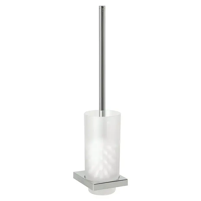 Keuco Edition 11 WC-Bürstengarnitur - Kristallglas, Satiniert/Chrom - Ein minimalistischer WC-Bürstenhalter mit einem quadratischen Chromfuß, einem satinierten Glasbehälter und einem schlanken Griff.