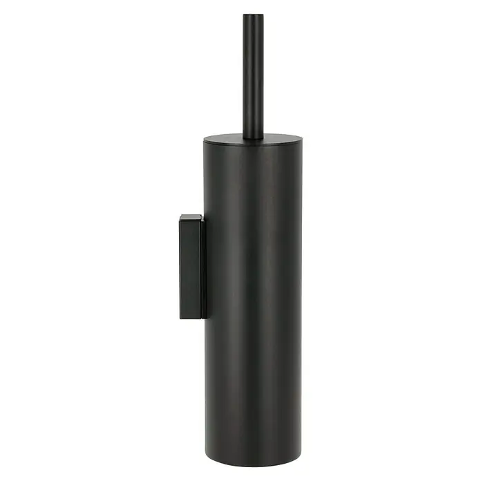 Zack WC-Bürstengarnitur Tubo - Wandmontage, Schwarz, Matt - Diese Aufnahme zeigt eine moderne, mattschwarze Toilettenbürste mit Halter, die sich durch ihr minimalistisches Design auszeichnet.