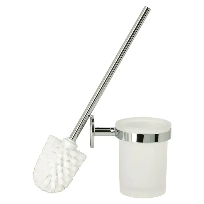 Lenz WC-Bürstengarnitur Vida - Metall, Chrom, B x H: 9,4 x 35 cm - Toilettenbürste mit Halterung. Die Bürste hat einen verchromten Griff und weiße Borsten, die Halterung ist aus mattiertem Glas und Chrom.