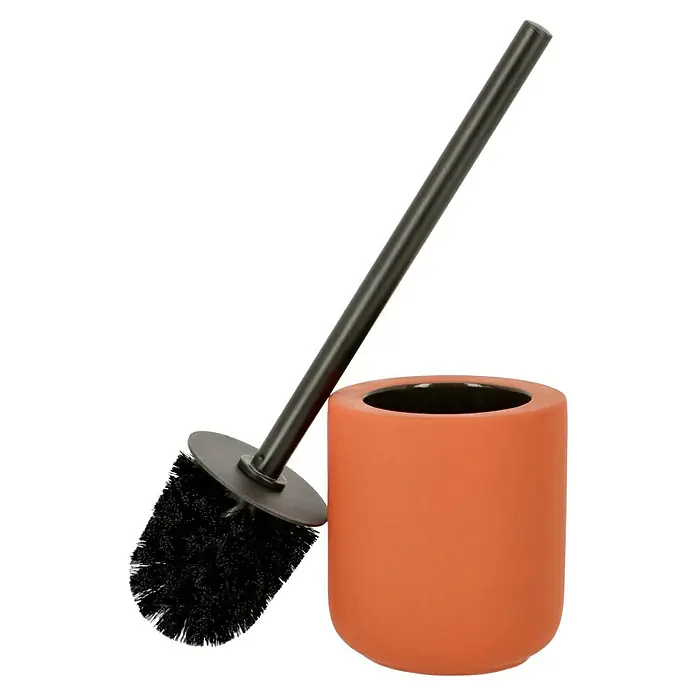 Wenko WC-Bürstengarnitur Avellino - Keramik, Terracotta - Eine Toilettenbürste mit Halter. Die Bürste ist dunkelgrau und der Halter ist orange.