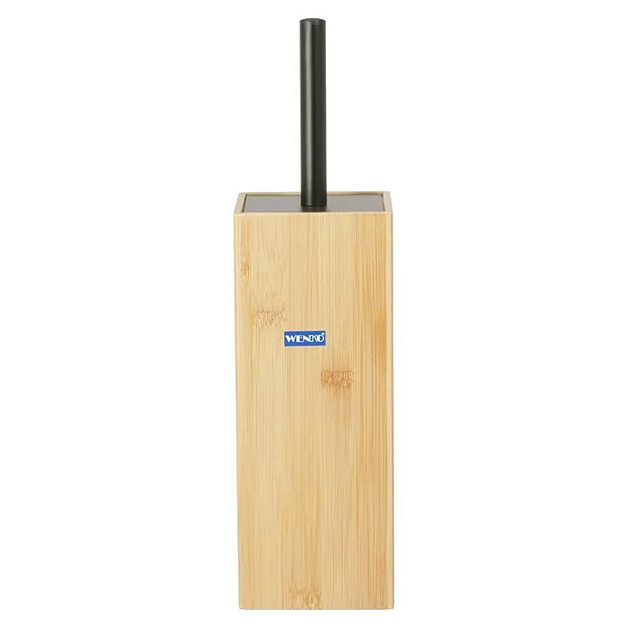 Wenko WC-Bürstengarnitur Padua - Bambus, Schwarz/Bambus - Ein Badezimmer-Accessoire-Set, bestehend aus einer Bambus-Toilettenbürstengarnitur mit einem dunklen Griff, präsentiert eine stilvolle Badezimmerlösung.