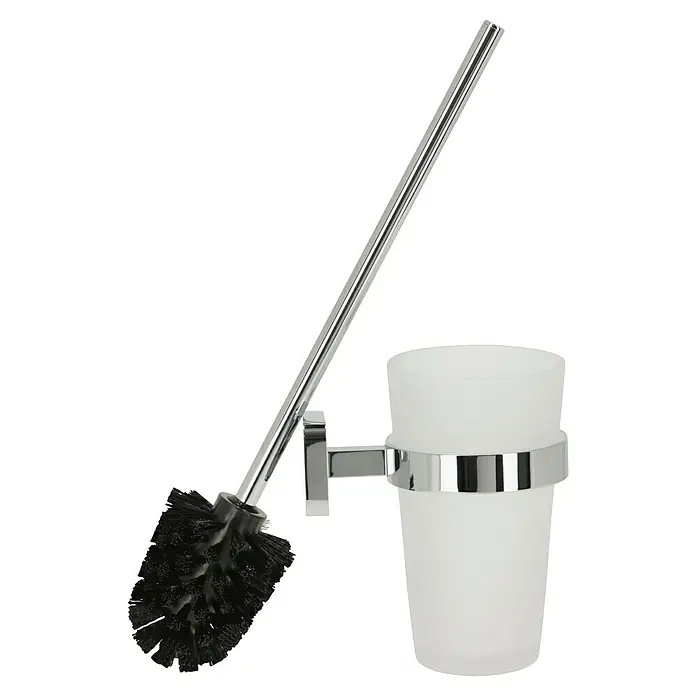Tesa Elegaant WC-Bürstengarnitur - Glas, Verchromt - Badezimmer-Set mit einer Toilettenbürste mit verchromtem Griff und einem dazugehörigen, matt-weißen Behälter mit verchromter Halterung.