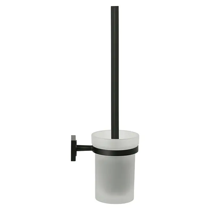 Camargue Cannes WC-Bürstengarnitur - Mit Halterung, Schwarz, Matt - Diese Aufnahme zeigt einen mattschwarzen WC-Bürstenhalter mit einem zylindrischen Behälter aus satiniertem Glas. Der Halter ist zur Wandmontage konzipiert.