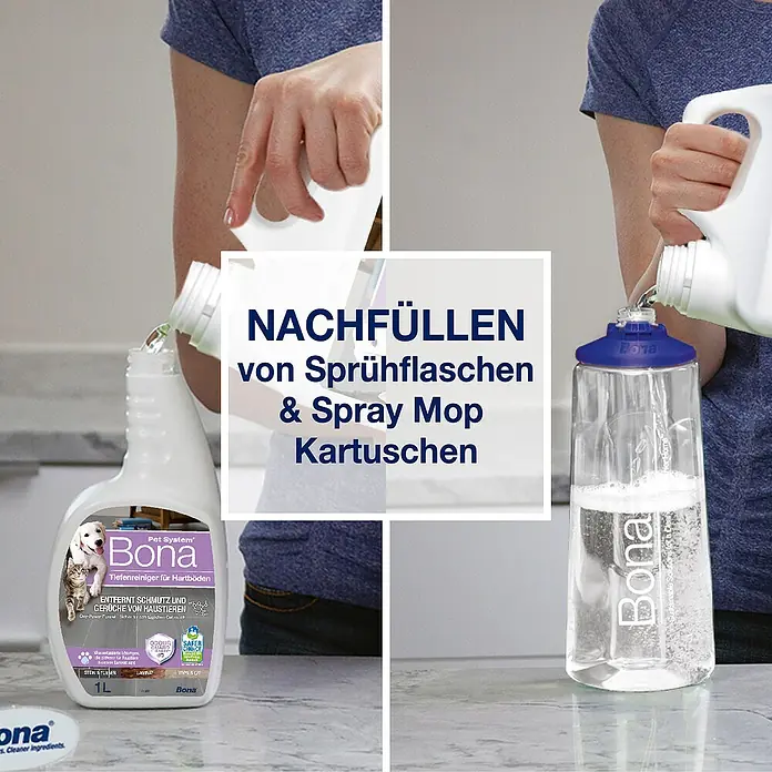 Bona Pet System Reinigungsmittel Tiefenreiniger für Hartböden - 2,5 l, Kanister - Bona-Nachfüllpackung für Sprühflaschen und Spray Mop Kartuschen, dargestellt in einer Collage.