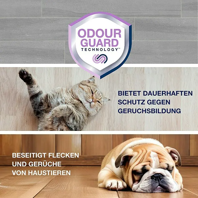 Bona Pet System Reinigungsmittel Tiefenreiniger für Holzböden - 1 l, Flasche mit Sprühkopf - Bild einer Technologie, die Flecken und Gerüche von Haustieren beseitigt und dauerhaften Schutz gegen Geruchsbildung bietet.