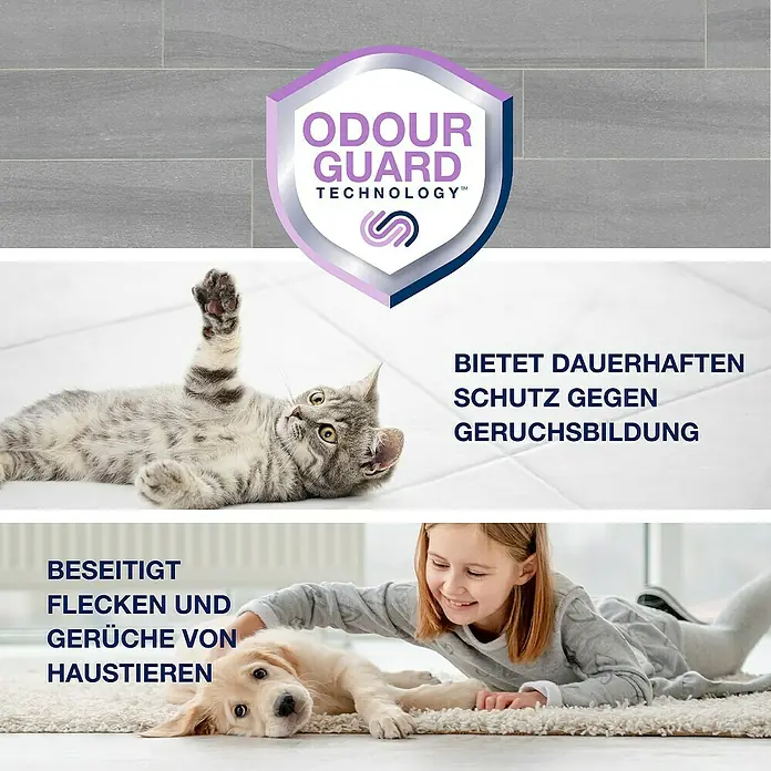 Bona Pet System Reinigungsmittel Tiefenreiniger für Hartböden - 2,5 l, Kanister - Das Bild zeigt eine Werbung für ein Produkt, das Flecken und Gerüche von Haustieren beseitigt.