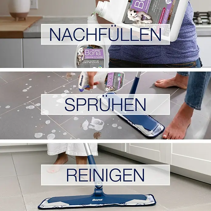 Bona Pet System Reinigungsmittel Tiefenreiniger für Hartböden - 2,5 l, Kanister - Schrittweise Anleitung zur Anwendung des Bona Reinigers: Nachfüllen, Sprühen und Reinigen für saubere Böden.