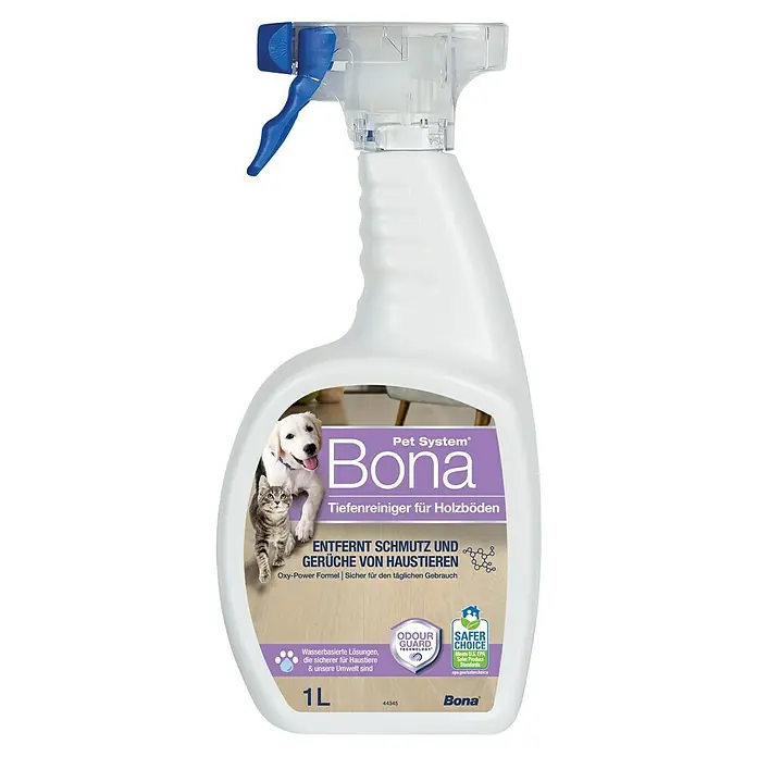 Bona Pet System Reinigungsmittel Tiefenreiniger für Holzböden - 1 l, Flasche mit Sprühkopf - Die Bona Pet System Tiefenreiniger Sprühflasche für Holzböden. Reinigt und entfernt Gerüche von Haustieren.