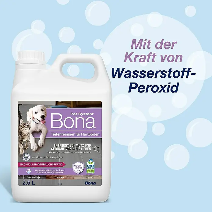 Bona Pet System Reinigungsmittel Tiefenreiniger für Hartböden - 2,5 l, Kanister - Ein Kanister Bona Pet System Tiefenreiniger für Hartböden mit der Kraft von Wasserstoffperoxid für eine effektive Reinigung.